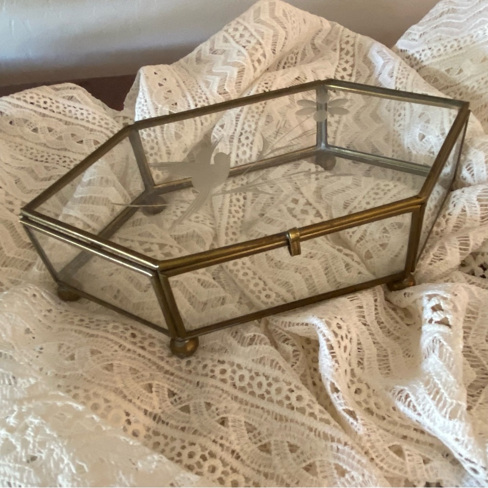 Glass & Brass Hexagonal Jewelry Box with Etched Bird/Floral